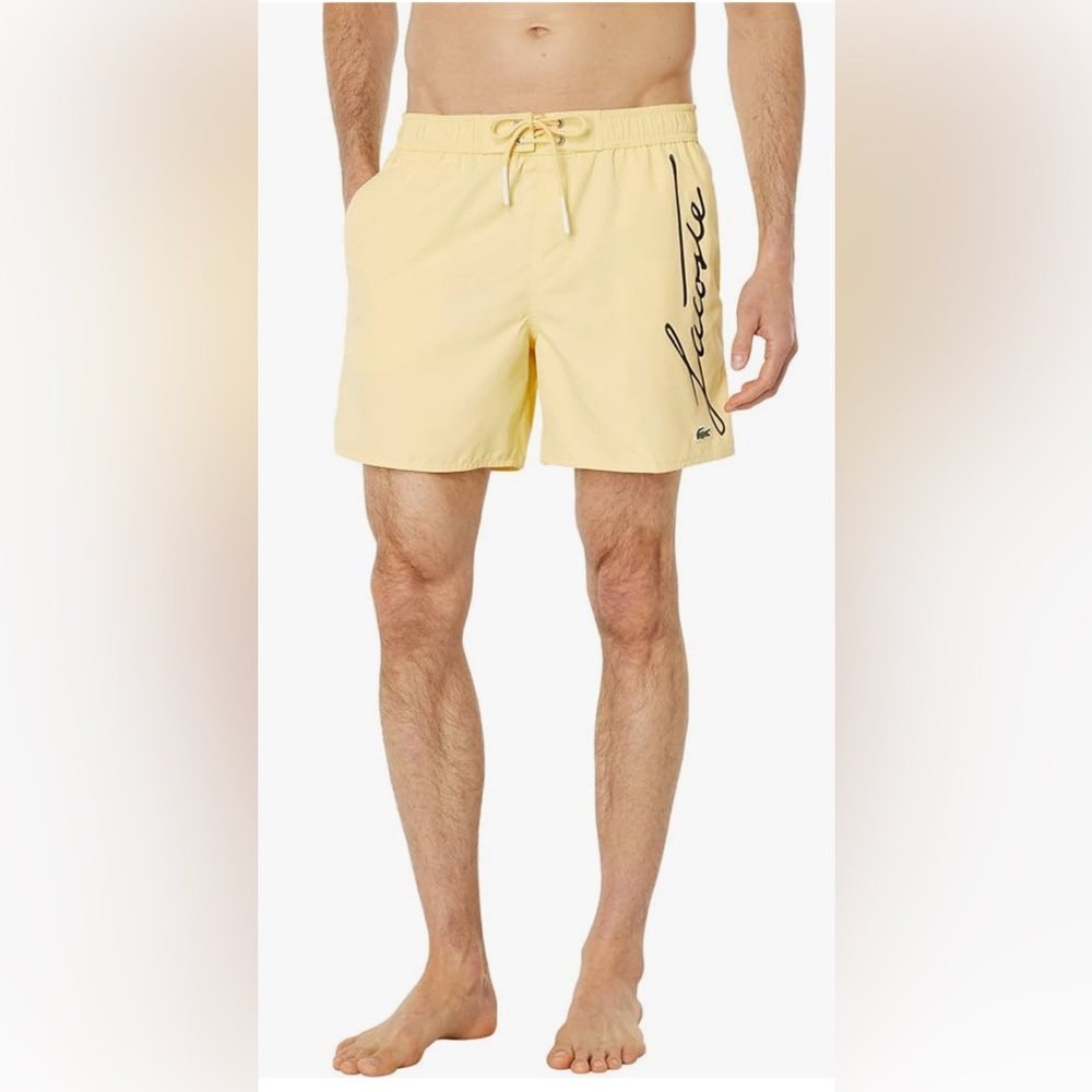 Lacoste Men's Yellow Solid Elastic Waist Swim Shorts Trunks